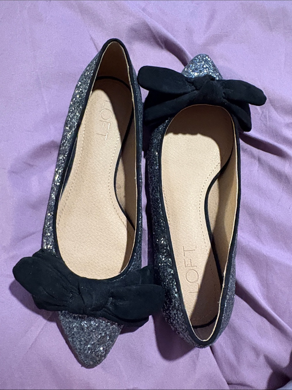LOFT Black Glitter Pointed-Toe Flats with Bow
